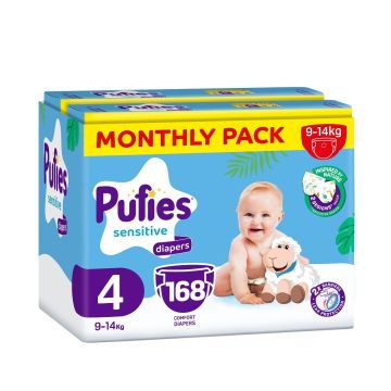 Pufies sensitive pelene (mesečni box), veličina 4, 9-14kg, 168kom