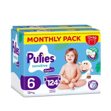 Pufies Sensitive pelene (mesečni box), veličina 6, 13+ kg, 124kom
