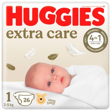 Huggies Extra Care pelene za bebe veličina 1, od 2-5kg, 26 kom